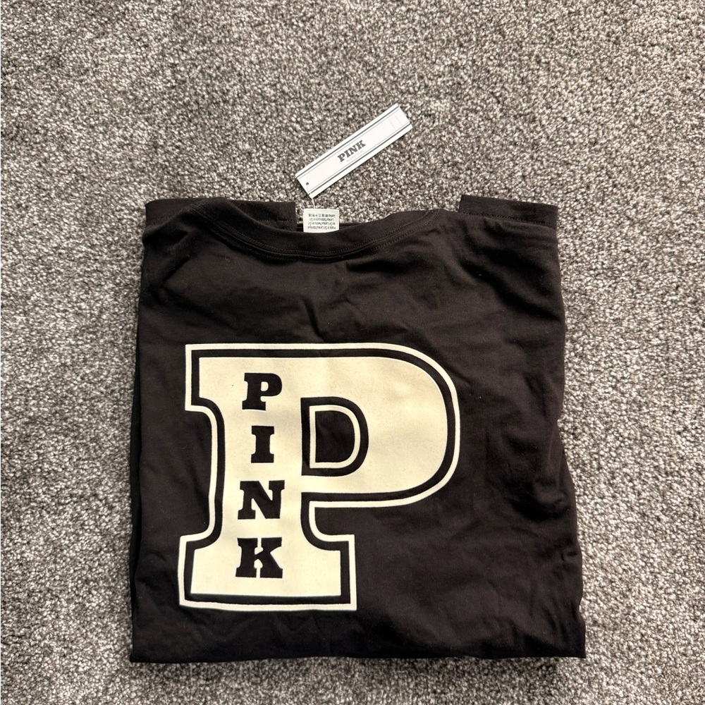 PINK Victoria's Secret Black Long Sleeve Tee with Cream Logo